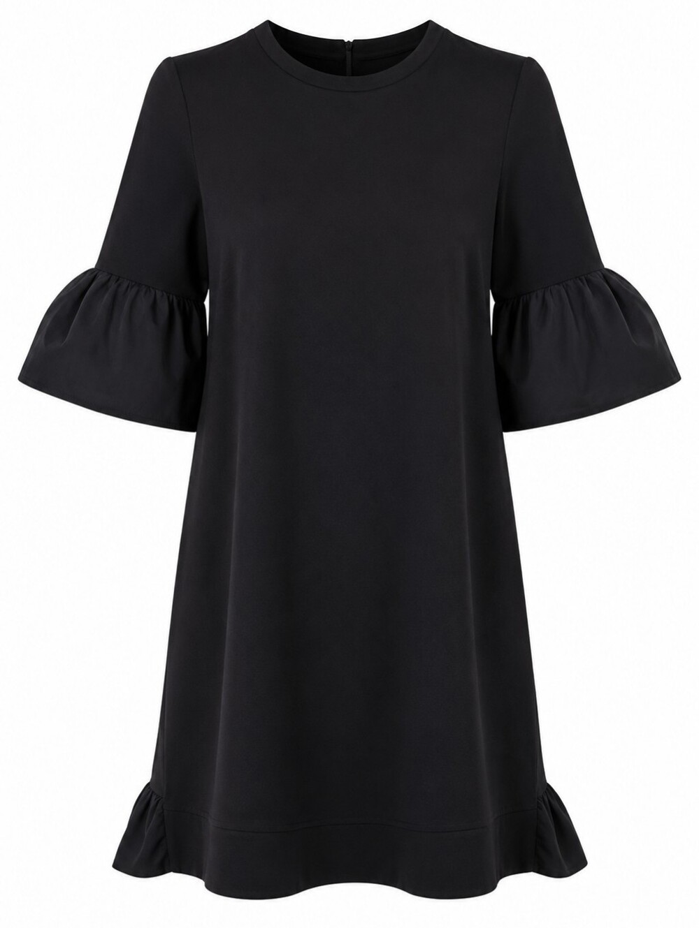 Sugar + Lips Black Puff Sleeve Shift Dress Tiered Ruffle Back M LBD Modest